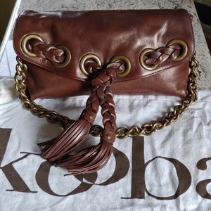 kooba brown leather bag braided tassel brass chain